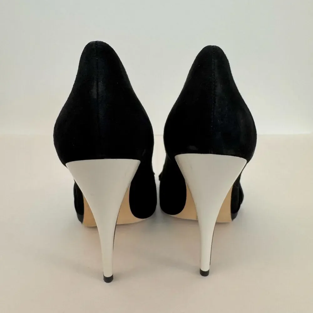 Tory Burch Bow Suede Pointed-Toe Pumps Black/White Shoes Heels 9M